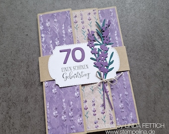Personalisierte Geburtstagskarte zum runden Geburtstag für Frauen - lila mit Lavendelmotiv