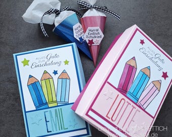 Gift box for starting school | personalized with name | includes mini school cone to fill and greeting card | for girls or boys