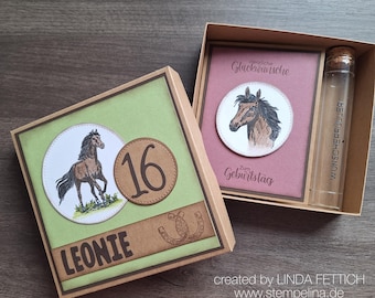 Horse-themed birthday gift box - personalized with name and age - gift certificate packaging with card and test tube - wish fulfiller