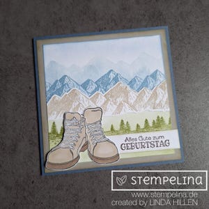 Geburtstagskarte Berge Wandern Bergliebe - Natur Bergmotiv - Wanderschuhe - handgemachte Karte - Alles Gute zum Geburtstag