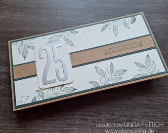 Elegant congratulatory card for a silver wedding anniversary - kraft paper and dark green - playful leaves - 25 in silver - handmade unique piece