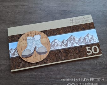 Birthday card with hiking boots and mountain panorama - genuine cork paper - personalized with a number of your choice - optionally with a banknote pocket