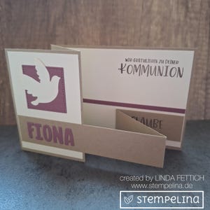 handgemachte personalisierte Karte zur Kommunion für Mädchen mit Taube und schönen Sprüchen