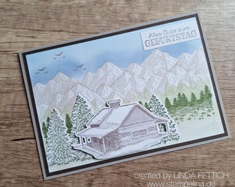 Birthday card for hiking enthusiasts and mountain lovers - mountain landscape with cabin and forest - hiking, mountain motif, nature