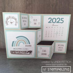XL Babykarte handgemacht und außergewöhnlich - personalisiert mit Namen und Geburtsdaten in Treppenform - für Jungen - aquamarin