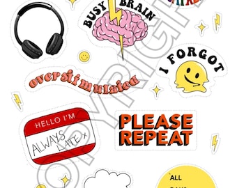 Pode incluir: Um conjunto de dez adesivos coloridos com várias frases e ilustrações. Os adesivos incluem frases como "Dopamine Junkie", "Busy Brain", "The Hyper Focus of It All", "I Forgot", "Always Late", "Please Repeat", "All Days Have Direction", e "Maybe It's Time to Procrastinate". Os adesivos são perfeitos para adicionar um toque de personalidade a laptops, garrafas de água, cadernos e muito mais.