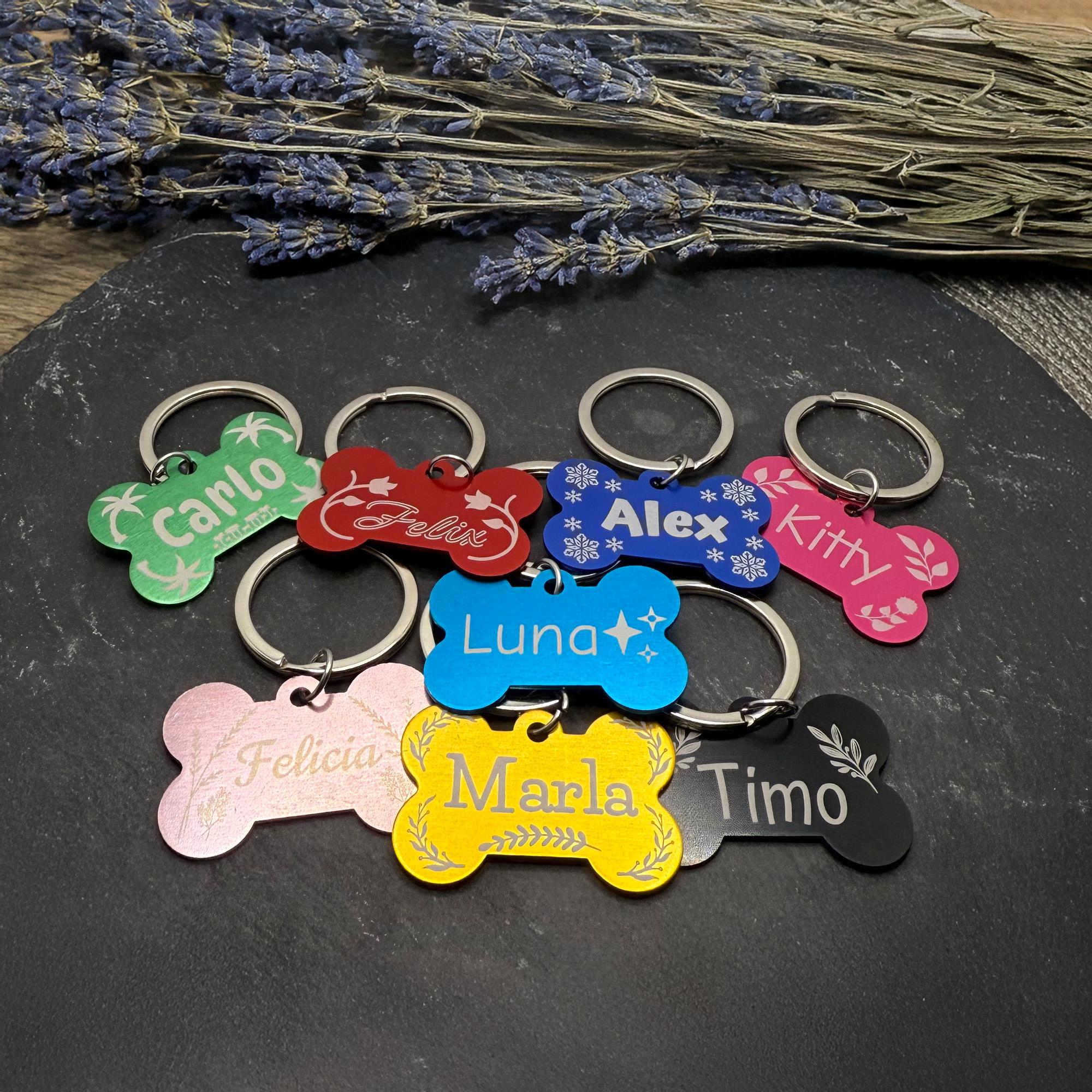 Hundemarke Katzenmarke mit Gravur Aluminium Schlüsselanhänger in Knochenform personalisiert