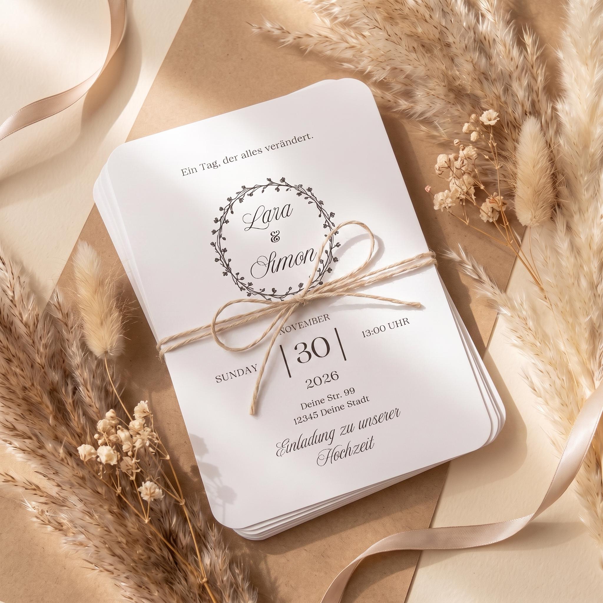 Hochzeitseinladung A5 abgerundete Ecken, personalisierbare Einladungskarte, schlicht & minimalistisch, 350g/m2 Papier