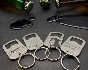 Stainless steel bottle opener with engraving of image or text, personalized keychain