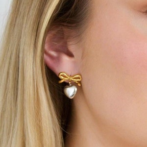 Lana Bow Heart Earrings | 18K Gold Stainless Steel| Gold Coquette Style Jewellery | Cute Earrings for Girls | Romantic Gift for Her