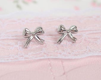 Dainty Silver Bow Stud Earrings: Stainless Steel Coquette Jewelry