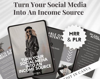 MRR Turn Your Social Media Into An Income Source ebook, Canva editable, passive income, digital products, resell rights, commercial use, PLR
