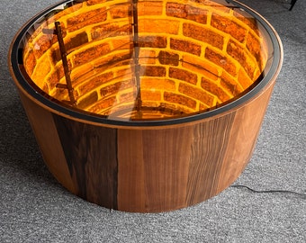 Unique designer luxury wood coffee table with infinite fountain, round infinity mirror table. Handcrafted living room masterpiece.