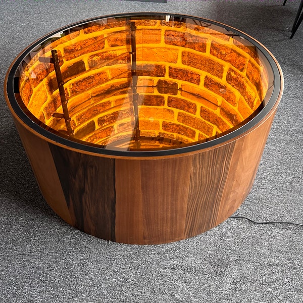 Unique designer luxury wood coffee table with infinite fountain, round infinity mirror table. Handcrafted living room masterpiece.