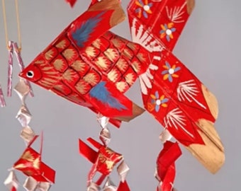 Mini Red Thai Woven Fish Mobile - Handmade Palm Leaf Decor with Vibrant Patterns