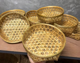 Handwoven Bamboo Basket with Phikun Flower Pattern - Basket Tray Handmade Handicrafts 8”