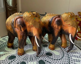 Handmade Thai Elephant Carving in Teak Wood - Unique Home Decor
