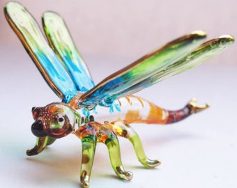 Miniature Hand Blown Glass Funny Dragonfly - Tiny Glass Insect Figurine for Terrariums or Collectibles