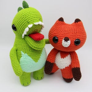 Amigurumi Fox Dinosaur Doll,Handmade Crochet Green Dinosaur,Orange Fox , Knitted Stuffed Plushies , Birthday Gifts,Gifts image 2