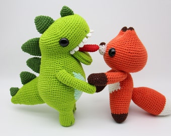 Amigurumi Fox Dinosaur Doll,Handmade Crochet Green Dinosaur,Orange Fox , Knitted Stuffed Plushies , Birthday Gifts,Gifts