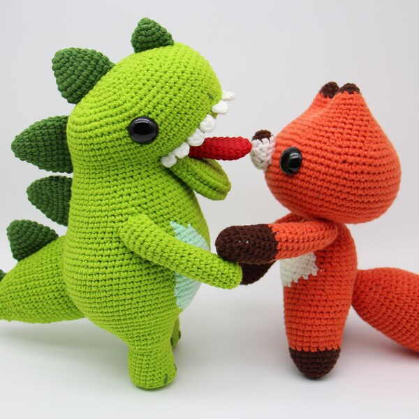 Amigurumi Fox Dinosaur Doll,Handmade Crochet Green Dinosaur,Orange Fox , Knitted Stuffed Plushies , Birthday Gifts,Gifts