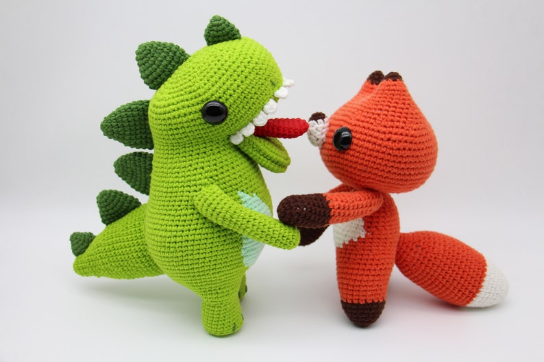 Amigurumi Fox Dinosaur Doll,Handmade Crochet Green Dinosaur,Orange Fox , Knitted Stuffed Plushies , Birthday Gifts,Gifts zdjęcie 1