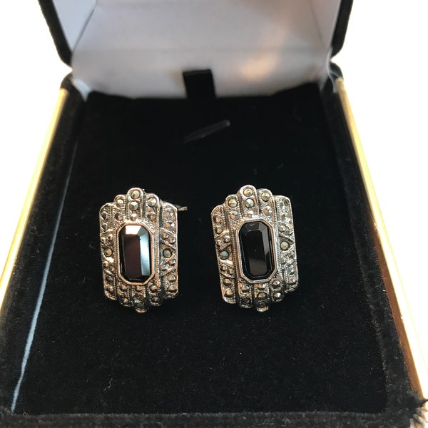 Marcasite black onyx cushioned clip on Art Deco earrings