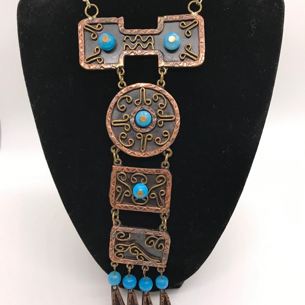 Vintage Casa Maya Mexico Statement Necklace Copper Brass Turquoise