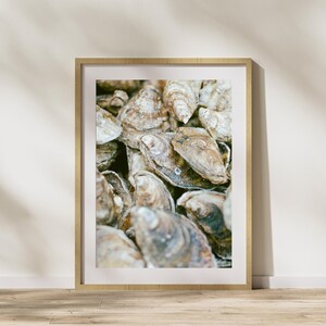 May include: A framed print featuring a close-up of a pile of oysters. The oyster shells are various shades of brown, beige, and gray, with textured surfaces. The image is set in a gold-colored frame, creating a natural and earthy aesthetic.