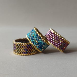 Beaded Ring, Miyuki Delica Ring, Bead Woven Band Ring, Peyote Ring, Hypoallergenic Jewelry, Seed Bead Jewelry, Gold and Mix of Colours