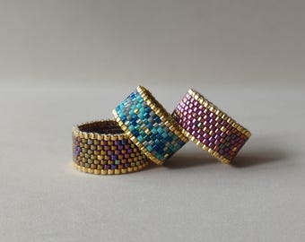 Beaded Ring, Miyuki Delica Ring, Bead Woven Band Ring, Peyote Ring, Hypoallergenic Jewelry, Seed Bead Jewelry, Gold and Mix of Colours