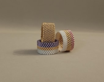 Beaded Ring Gold Pink Purple White, Miyuki Delica Ring, Bead Woven Band Ring, Peyote Ring, Hypoallergenic Jewelry, Seed Bead