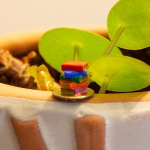 May include: A miniature stack of colourful books sits on a gold pin in a terracotta pot with green leaves.
