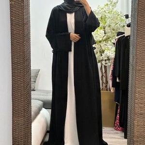 open abaya with flare sleeves and belt image 1