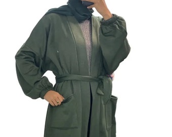 May modesty : ladies Open pocket textured coat with inside fleece and belt