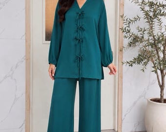 Moroccan Crepe Satin Co-Ord Set: Bow Front Top and Wide Leg Pants