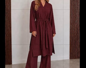 Summer V Neck Co Ord set with Slits on Side and Flair Bottom Trouser for Women in soft Textured Fabric (UK Size 8-22) available