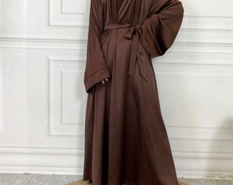 Satin abaya with flare sleeves and belt