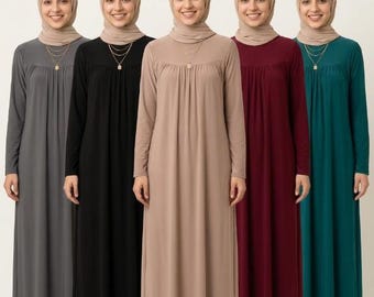 Viral Pleated Gathered Abaya Long Dress Round Neck Elegant Stylish With  Pockets soft stretch jersey fabrics
