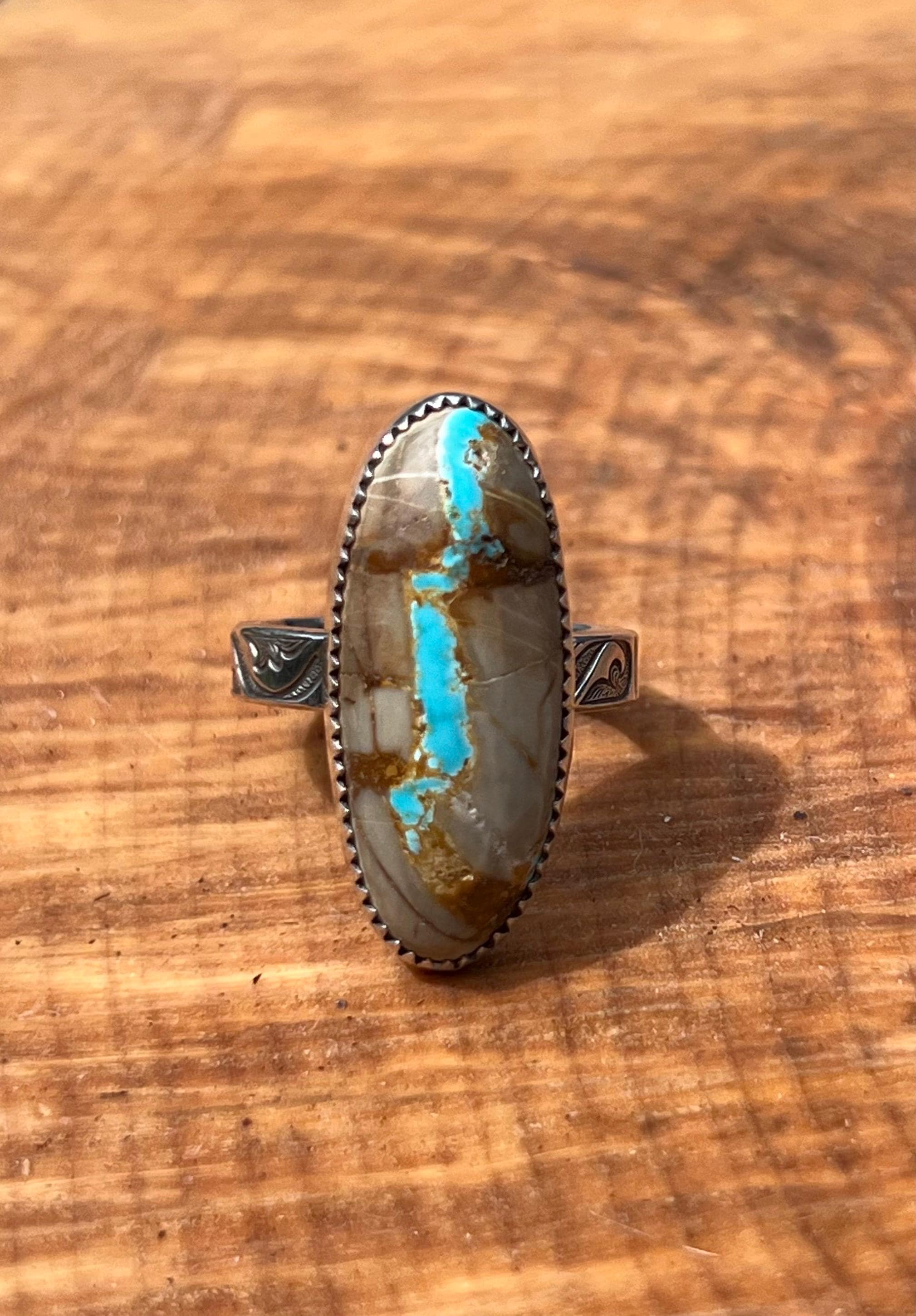 Royston Ribbon Turquoise, Handmade 925 Sterling silver, silversmith statement ring, size 7