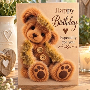May include: A rectangular greeting card featuring a fluffy brown teddy bear with two wooden buttons on its chest. The card has the text Happy Birthday Especially for you printed in dark brown script and block lettering on a light beige textured background.