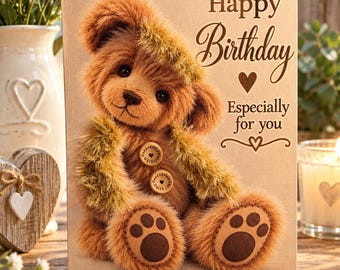 Op de afbeelding: Een rechthoekige wenskaart met een pluizige bruine teddybeer met twee houten knopen op de borst. De kaart is bedrukt met de tekst Happy Birthday Especially for you in donkerbruine letters op een lichtbeige achtergrond met textuur.