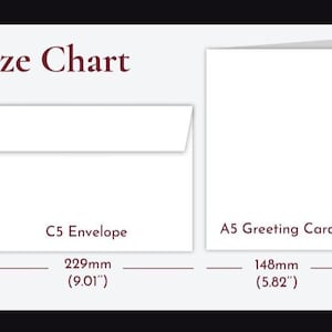 May include: A size chart displaying a C5 envelope and an A5 greeting card. The C5 envelope measures 162mm by 229mm (6.37 inches by 9.01 inches). The A5 greeting card measures 210mm by 148mm (8.26 inches by 5.82 inches). The text Size Chart is visible.