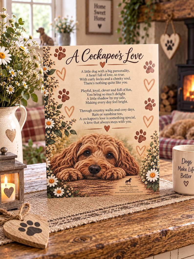 May include: A rectangular wooden sign featuring a poem titled A Cockapoo's Love, decorated with brown paw prints, heart outlines, and white daisy flowers. The center displays a realistic illustration of a brown curly-haired dog resting its chin.