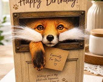 Op de afbeelding: Een rechthoekige verjaardagskaart met een houtnerfstructuur waarop een vos door een rechthoekig raam kijkt. De kaart bevat de tekst Happy Birthday, Especially For You, en Wishing you a day filled with happiness, laughter and love.