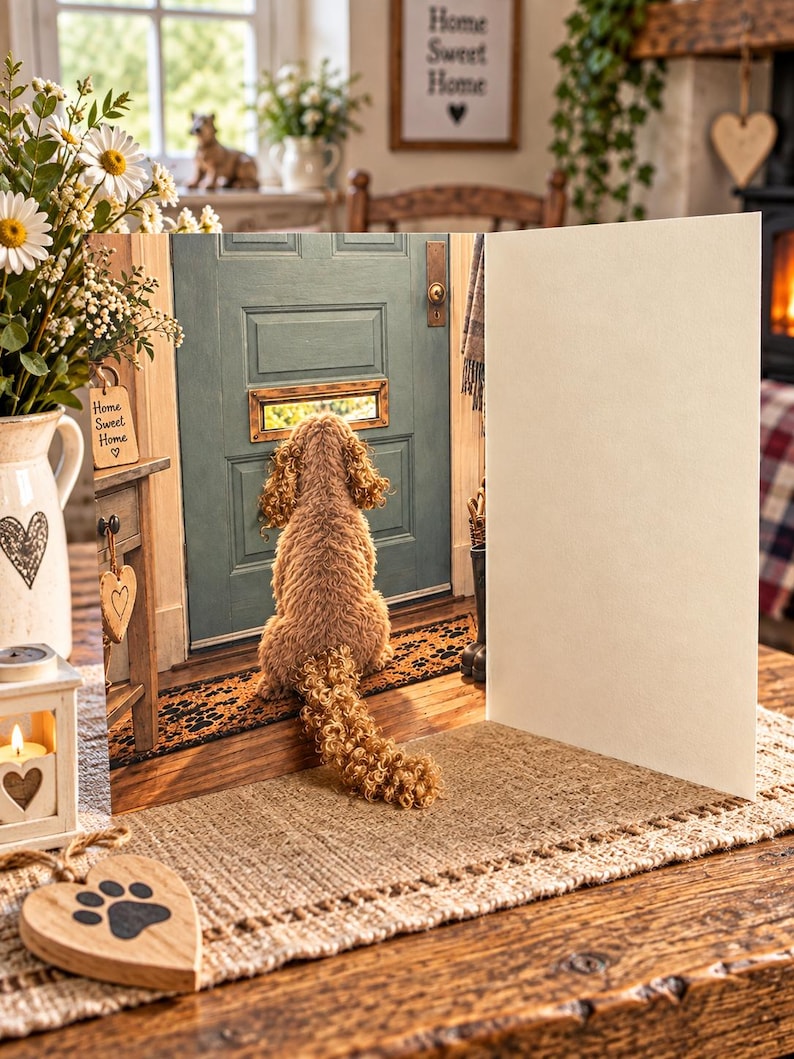 May include: A greeting card featuring a curly-haired brown dog sitting on a doormat and looking through a mail slot in a sage green door. The card is open, showing a blank interior panel, and is displayed on a wooden surface with decorative items.