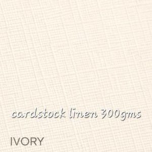 May include: An ivory colored cardstock with a visible linen texture. The surface features a cross-hatched pattern. Printed text on the cardstock reads: cardstock linen 300gms and IVORY. The material has a weight specification of 300gms.