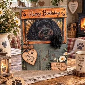 May include: A rectangular birthday card featuring a black dog looking through a window frame. The card displays the text Happy Birthday, Special Delivery Just for You, and Have a Pawsome Day, decorated with a wooden heart tag and daisy accents.