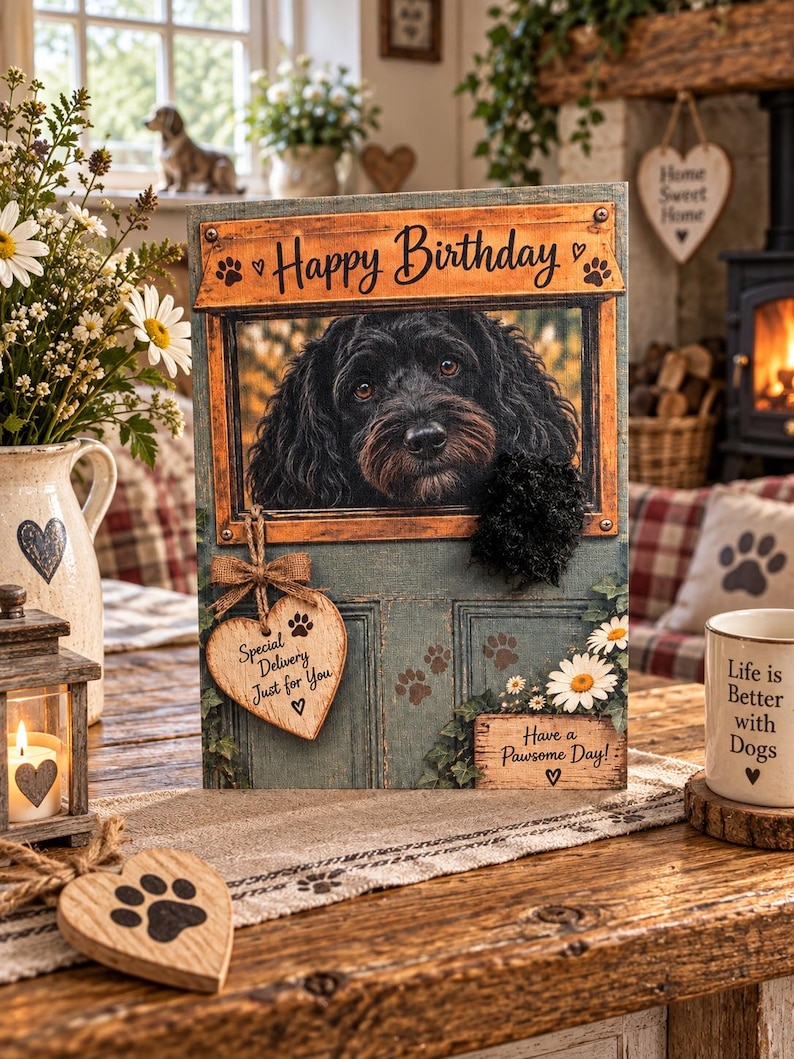 May include: A rectangular birthday card featuring a black dog looking through a window frame. The card displays the text Happy Birthday, Special Delivery Just for You, and Have a Pawsome Day, decorated with a wooden heart tag and daisy accents.