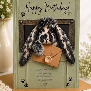 May include: A sage green birthday card featuring a 3D-style illustration of a black and white lop-eared rabbit peeking through a dark rectangular frame. The rabbit holds a small brown envelope with a wooden button. Text reads Happy Birthday!